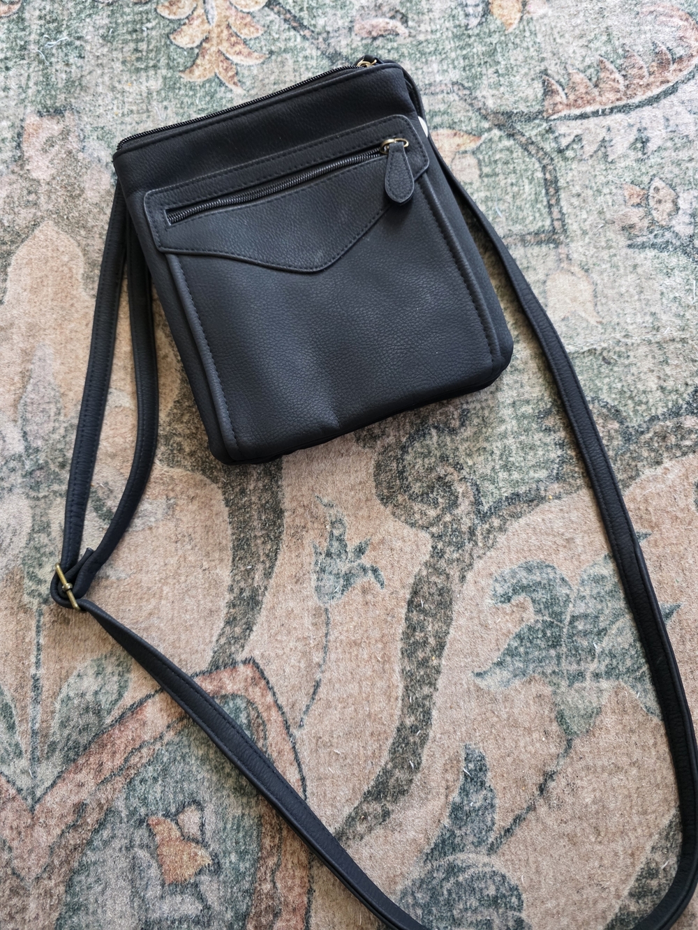 mundi Black Pebbled Vegan Leather Crossbody Organizer with Front Zip and Flap